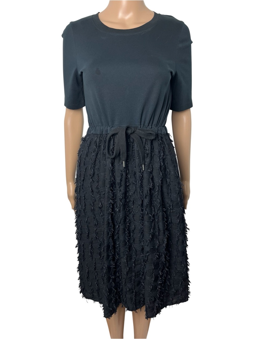 See By Chloe Black Tufted Textured Fringe Midi Shirt Dress Drawstring Pockets